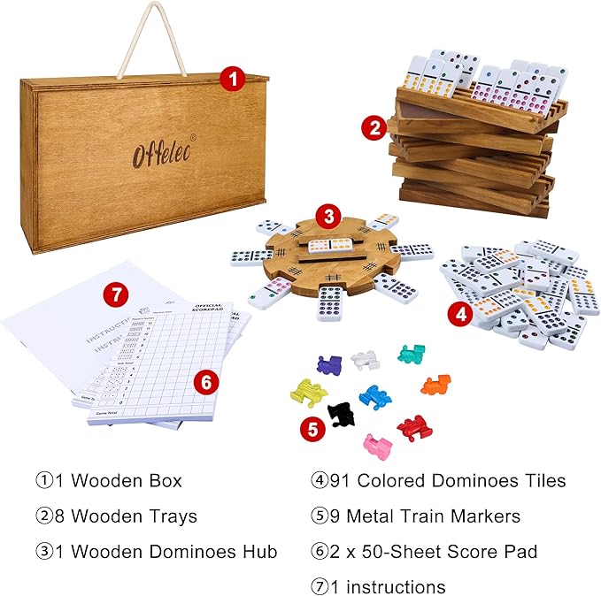 Offelec Mexican Train Dominoes Set with 8 Holders, Double 12 Dominos Set for Adults, Mexican Dominoes Train for Kids and Family Game, Mexican Train Games with 91 Colored Tile Dominos and Wooden Box