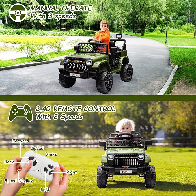 GarveeLife 12V Kids Ride On Truck Electric Vehicle Battery Powered Car Toddlers Ride On Toy for Boys Girls with Remote Control, 4-Wheel Suspension, Battery Display, LED Lights, Music, Army Green
