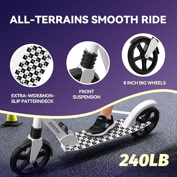 Nattork Kick Scooter for Age 6+ Kids Teens Adults, Max Load 240 LBS, Adjustable Height Foldable with 8" Large Wheels, Anti-Shock Suspension