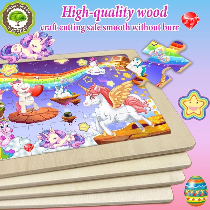 Wooden Puzzles for Kids Ages 4-6, 4 Pack 24 Pcs Toddler Puzzles Set for Ages 3-5, Educational Learning Toys Gift for Boys Girls 3-8 (Rainbow Unicorn, Starry Night, Candyland, Princess Castle)