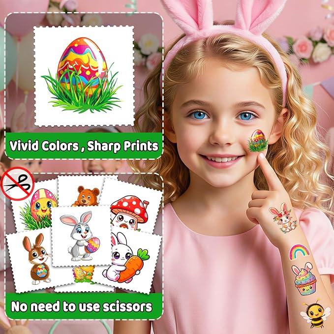 JCFIRE Easter Basket Stuffers, Temporary Tattoos for Kids, Spring Egg Fillers, Cute Bunny Stickers, Easter Party Favors Toys Toddler Teens Boys