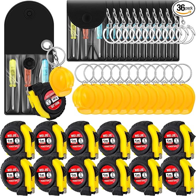 Jutom 36 Pcs Mini Construction Helmet Keychains Tape Screwdrivers Tool Adult Men Gifts Bulk for Easter Egg Stuffers Father's Day Construction Party Favors Gifts