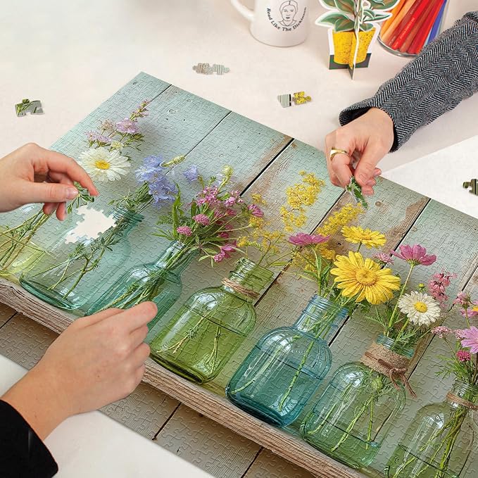 Wildflower 1000 Piece Puzzle for Adults, PICKFORU Whispering Blooms Summer Flower Garden Jigsaw Puzzle, Challenging Retro Vibrant Sunflower Vase Theme as Home Decor