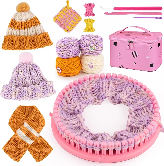 PREBOX Knitting Loom Craft Kit for Kids & Beginners - Create Hat & Scraf with Yarn, Hook Needle, Birthday Gifts Ideas for Teens Girls Age 6-8 8-12 14+, Pink Loom