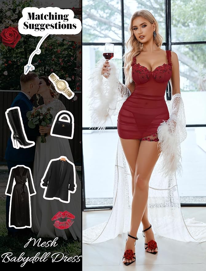 Avidlove Lingerie for Women Mesh Babydoll Lingeries Lace Chemise Floral Sleepwear Dress Sheer Exotic Boudoir Outfit S-XXL