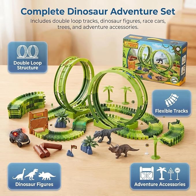 Dinosaur Race Track Toys for Boys 3-5, Double Loop Dinosaur Car Track Set, Flexible Adventure Race Track Playset for Boys Age 4-7 Birthday Gifts
