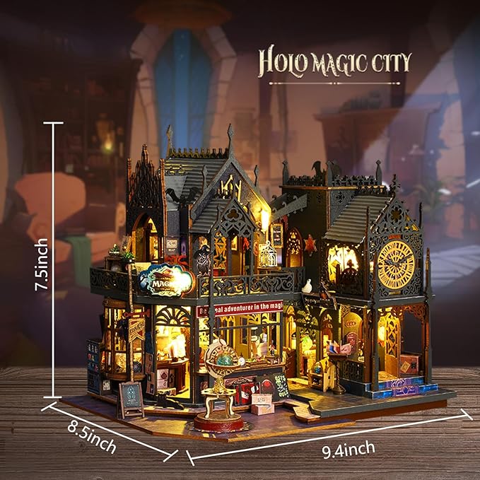 Plustopoy Miniature House Kit DIY Mini House Building Kit with LED Light, DIY Mini Dollhouse with Furniture Book Nook Kit, 3D Wooden Puzzle Wooden Bookend Shelf Insert Decro (Holo Magic City)