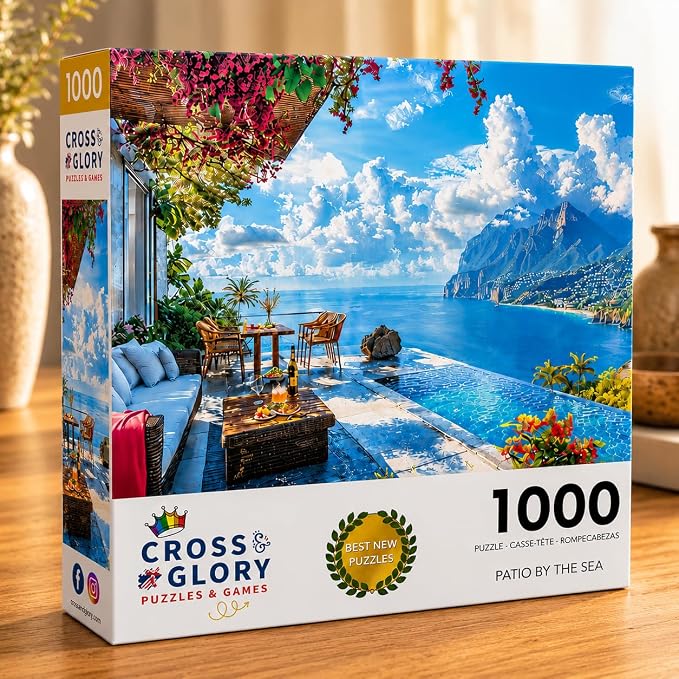 Cross & Glory - Patio by the Sea - 1000 Piece Jigsaw Puzzle for Adults | Serene Coastal Patio and Ocean View Puzzle | Challenging Puzzle for Adults | Eco-Friendly Materials