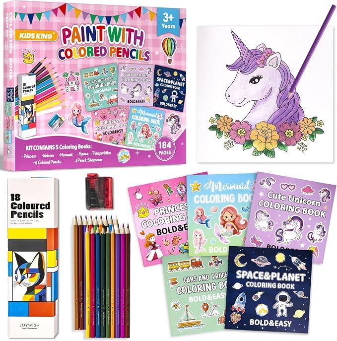 KIDS KING Coloring Book Kit, 5 Themes: Princess | Unicorn | Mermaid | Space | Transportation, Contains Colored Pencils Cute Styles for Painting, Arts & Crafts for Adult and Younger