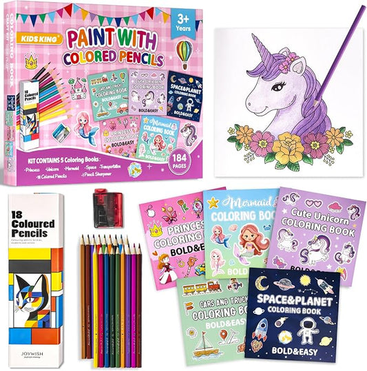 KIDS KING Coloring Book Kit, 5 Themes: Princess | Unicorn | Mermaid | Space | Transportation, Contains Colored Pencils Cute Styles for Painting, Arts & Crafts for Adult and Younger