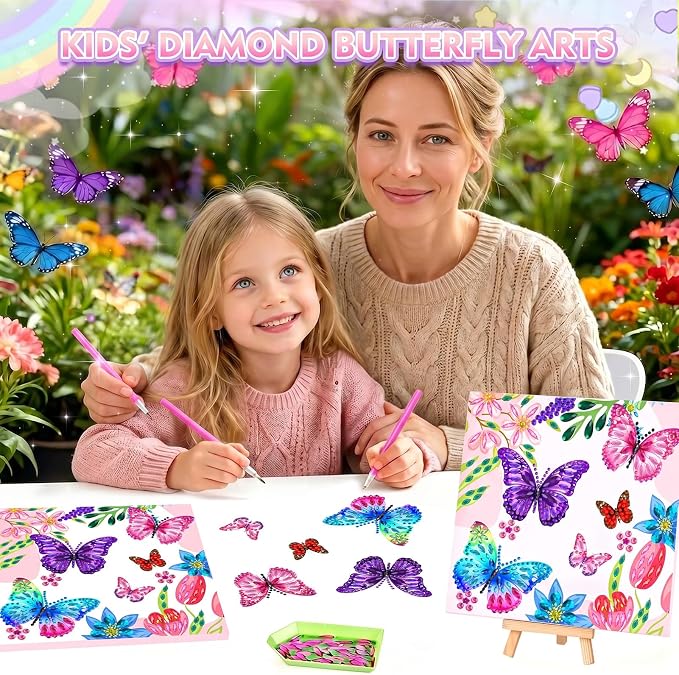 LCOZX 3D Fluttering Butterfly Diamond Art Kit for Kids Ages 8-12–Sparkling Gem Painting with Wooden Stand, Easy Arts & Crafts for Girls & Boys, Unique Birthday Gift & Bedroom Decor