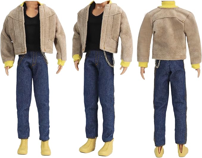 E-TING 10 Sets Casual Varsity Jacket Set= 5 Sets Casual Outfit for 12″ Boy Doll with 5 Pairs Shoes (Vintage Lightweight Suede Bomber Jackets+ Casual Wear Clothes )