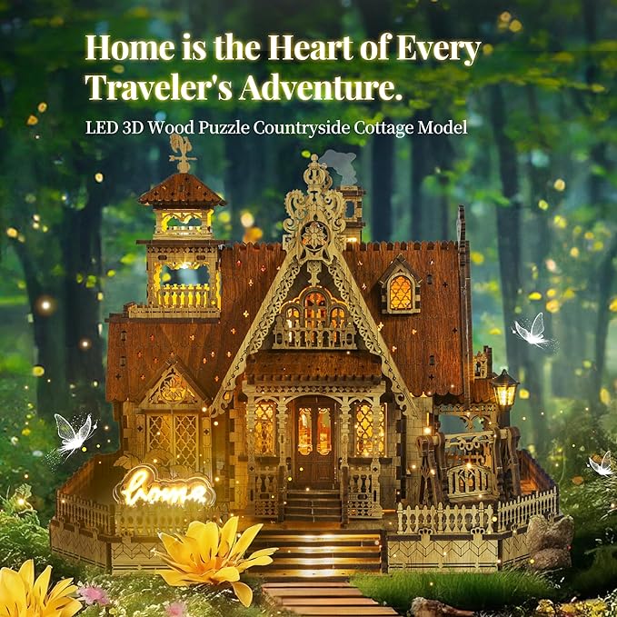 FUNPOLA 3D Wood Puzzle Countryside Cottage Model - DIY Miniature Building Kit with Spark LED Lights - Craft Rural Architecture Home Décor Gift for Adults