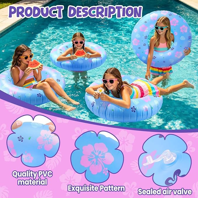 4-Pack Hawaiian Leaves & Flowers Pool Floats for Kids, 28 Inch Inflatable Swim Rings, Summer Beach Toys, Birthday & End-of-School Class Party Favors Decorations