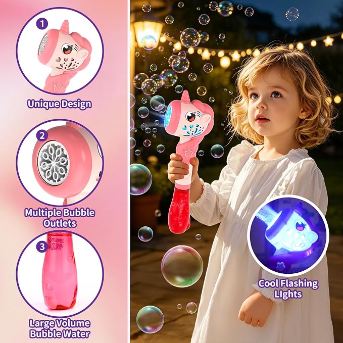 Bubble Wand for Girls, Automatic Bubble Machine Wand Toys with Light, Outdoor Party Toys for 3 4 5 6 Year Old Girl Wedding Easter Birthday Gifts Include Bubble Solution