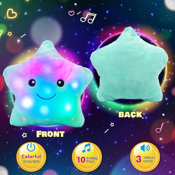 13" Musical Green Star Plush Pillow Glowing Twinkle Night Light Stuffed Animal LED Toys Adjustable Volume Birthday for Girls Boys