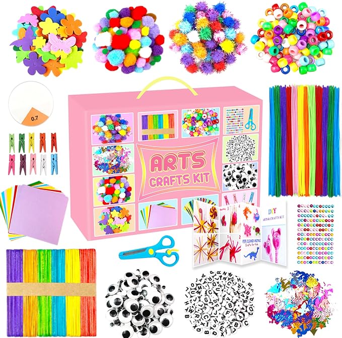 BNUZEIYI 2000 PCS Arts and Crafts Supplies for Kids All-in-1 Craft Kit with Pipe Cleaners Craft Box Set DIY Crafting Supply School Supplies Toys Gifts for Girls Boys Ages 4-6, 6-8, 8-12, Pink