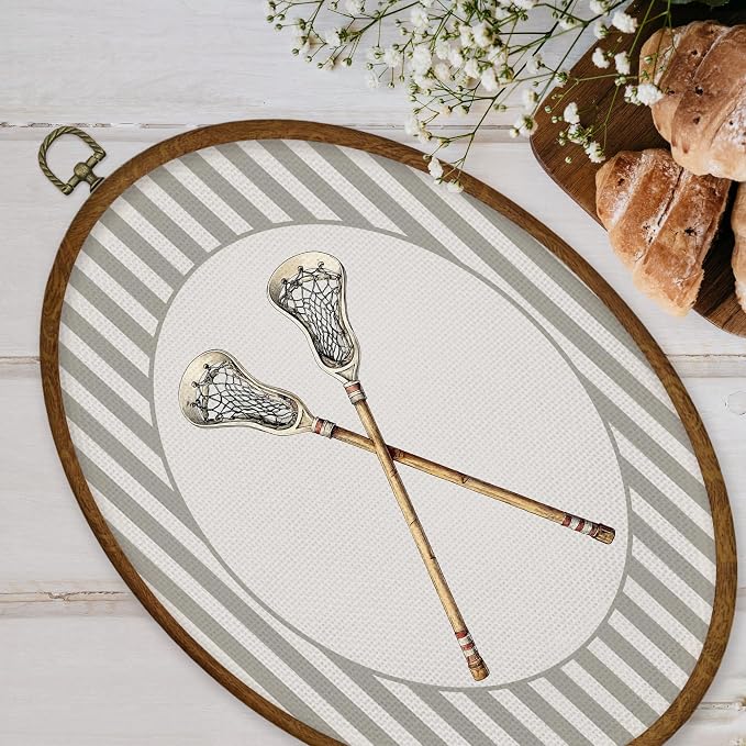 WULQYING Lacrosse Sticks Sports Nursery Wall Art Decor, Boys Room Oval Framed Canvas Art Prints, Neutral Striped Sport Lover Gift Wall Hanging Decor for Kids Nursery Room Playroom, 8.5x11.3 Inches
