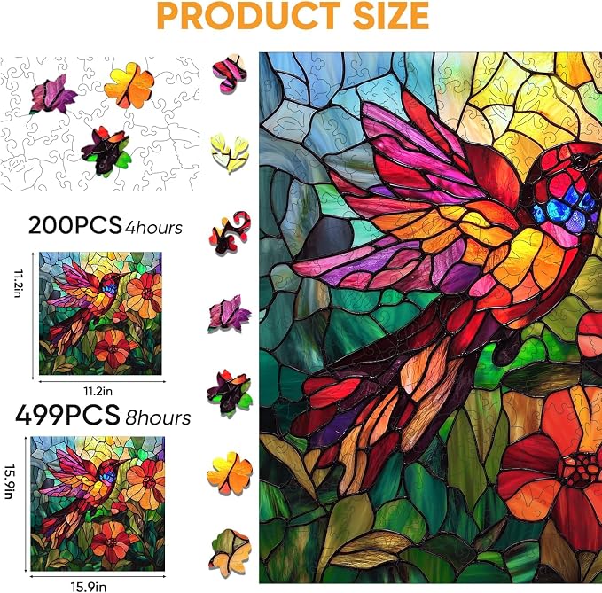 Mocfesk Wooden Puzzles for Adults, 200 Pieces Stained Glass Hummingbird Jigsaw Puzzle, Animal Shape Wood Puzzles, Gift for Bird Lovers, Wall Decor, 11.2 x 11.2 in