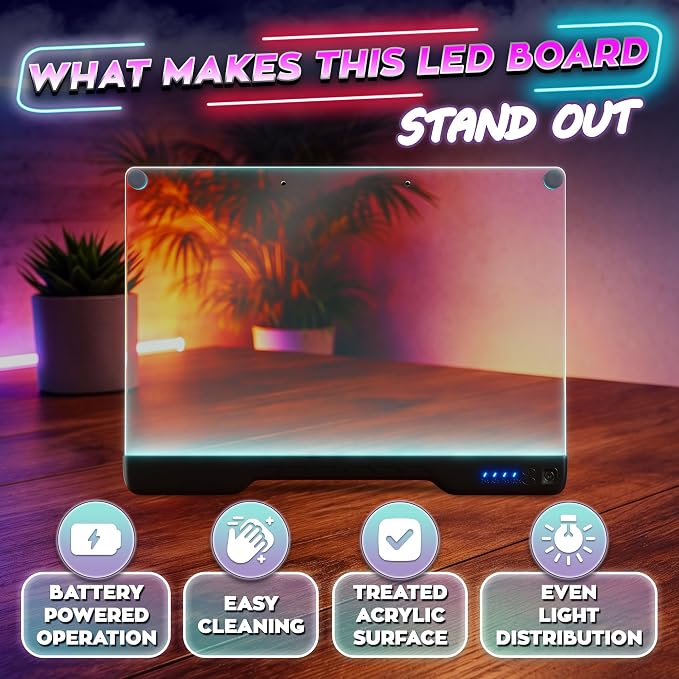Upgraded 16” LED Drawing Board – Rechargeable, 7 Colors, 10 Light Modes, Adjustable Brightness – Acrylic Light Board for Tracing with Stand, Markers and Full Kit – Birthday Gift Set (Black)