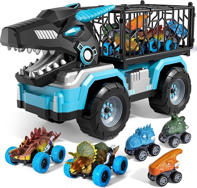 Toddler Robot Dinosaur Truck Toys for Kids Boys Ages 3-5 5-7, Black Carrier Dinosaur Truck with 5 Pull Back Dino Cars, 3 4 5 6 7 Years Old Boys Girls Birthday