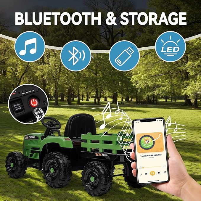 24V Ride on Tractor with Trailer, 400W Electric Car for Kids, Toddler Ride On Toy W/Remote Control, 3 Speed Adjustable, MP3, Bluetooth, LED Light, Blue