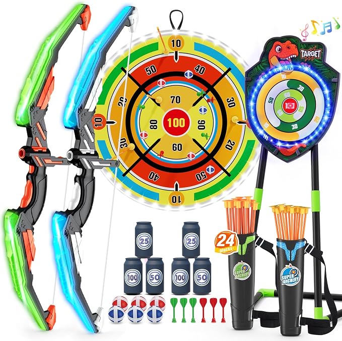 HYES 2 Pack Kids Bow and Arrow with 29" Large Dart Board, LED Light Up Archery Set with 24 Suction Cup Arrows, Indoor Outdoor Sport Toys Gifts for 3 4 5 6 7 8 9 10 11 12 Year Old Boys Girls