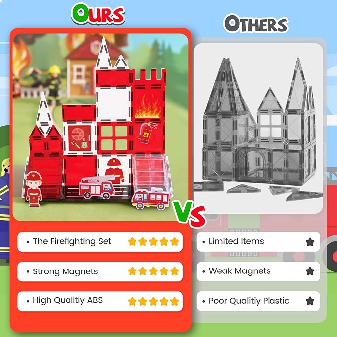 cossy Magnetic Tiles Firefighter Set, Magnet Tiles with Firefighter, Magnetic Tiles for Kids Ages 4-8, STEM Toys, Toys for 3 4 5 6 7 8 Year Old Boy and Girl, Creative Building Toys, Firefighter