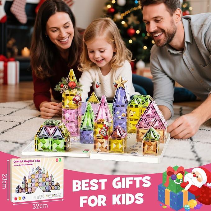Magnetic Tiles for Kids Ages 4-8, Magnetic Blocks Travel Set with Diamond Surface & Metal Storage Box, 60PCS STEM Learning Toys, Educational Building Gifts for 3-8 Year Olds