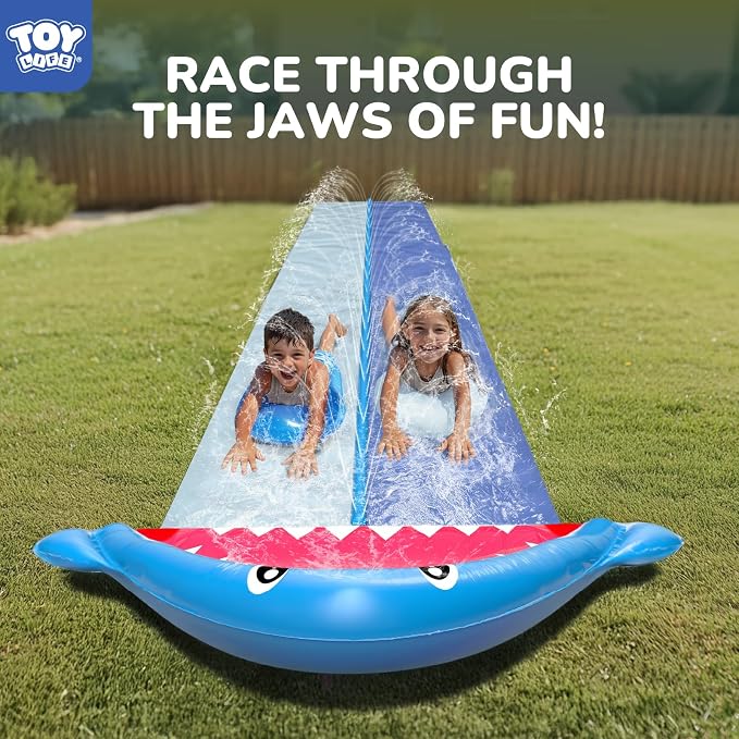 TOY Life Giant Shark Water Slides for Kids 20Ft Waterslide Backyards Lawn with 2 Bodyboards, 2 Lane Slip Splash and Slide Summer Toys with Built-in Sprinkler for Backyard Outdoor Shark Water Toys Fun
