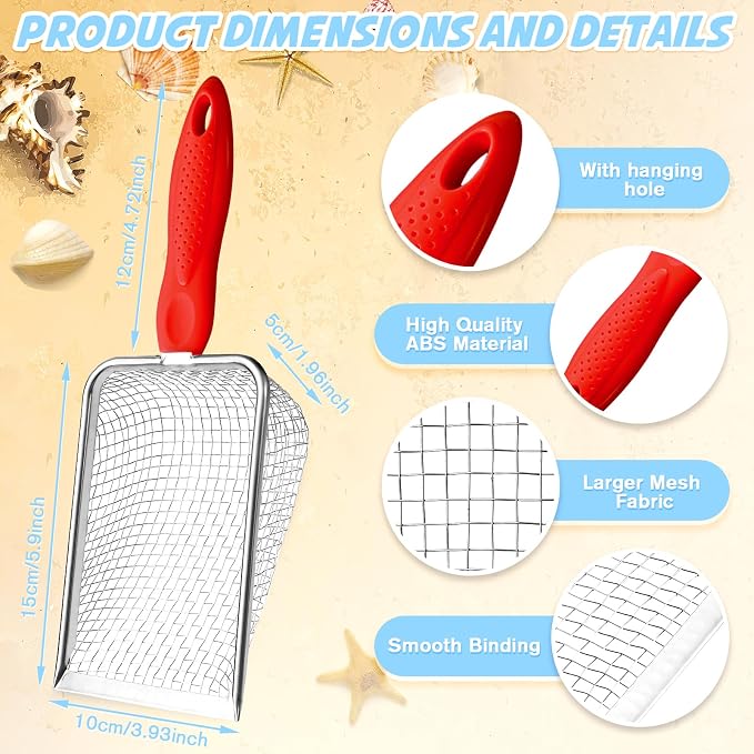 Beach Mesh Shovel,Sand Sifter Tool for Shell Collecting with Durable Mesh Net - Kids Sand Scoop for Picking Up Shells - Beach Toys (Red)