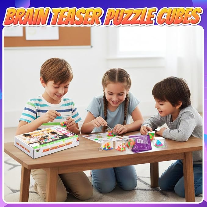 Brain Teaser Puzzle Cubes on Keychain (6 Pack) - Mini Maze Toys for Kids, Unique Party Favors, Goodie Bag Fillers, Treasure Box Classroom Rewards, Bulk Small Toys for Boys & Girls