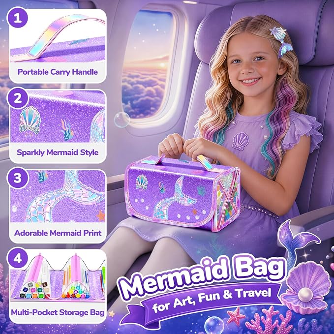 Mermaid Arts and Crafts for Girls Ages 4–5–6–7–8, 70 PCS Art Supplies Set for Kids with Washable Markers, Bonus Mermaid Hairpin, 3D Glitter Case, Scented Gel Pens & Twist-Up Crayons, Birthday Gift