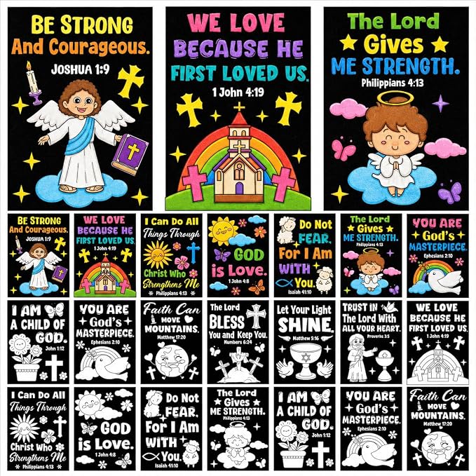 Cinrobiye 48 Pcs Velvet Coloring Posters Bible Fuzzy Posters to Color Bulk Felt Religious Inspirational Coloring Page Craft for Christian Party Favors Gift Prizes Sunday School Church Activities