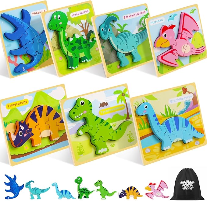 TOY Life Toddler Puzzles Ages 2-4, Wooden Puzzles for Toddlers 1-3, 7 Pcs Dinosaur Puzzle 2 Year Old, Puzzles for Kids Ages 3-5, Toddler Boy Toys 2-3, Educational Learning Toys for 3 Year Old