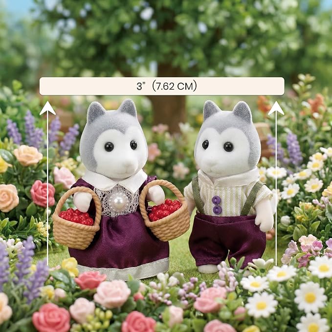 Family Gray Husky Figures — Set of 2 Collectible Flocked Mini Dolls with Removable Clothes, Dollhouse Pretend Play Set for Kids Ages 3+