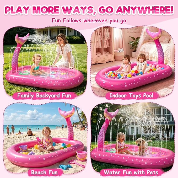 Splash Pad for Toddlers 1-3, Mermaid Inflatable Sprinkler for Kids, 3 in 1 Baby Splash Pads Kids Pool Outdoor Play Mat, Backyard Summer Water Toys Birthday Gift for 1+ Year Old Girls Kids