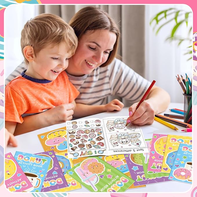 Donut Activity Books for Kids - 48Pcs Cute Doughnut Mini Game Coloring Booklet Bulk Maze Word Scramble Word Search Games for Birthday School DIY Activity Supplies Classroom Reward Goodies Bag Stuffer