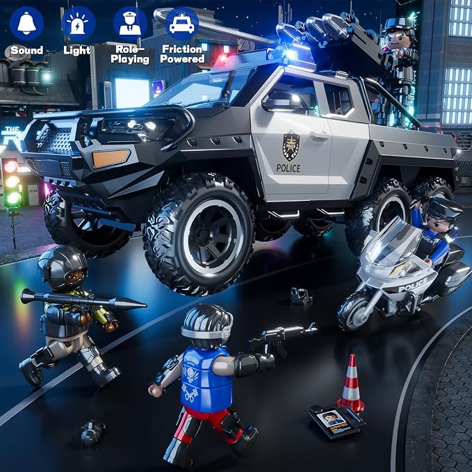 Police Car Toys for Boys 3 4 5 6 7 8 Years Old : Friction Powered Trucks Toy with Light and Sound Gifts for Girls Age 3-12 | Toddler Truck for Kids Ages 4-8 | Role Playing Police Truck Toys