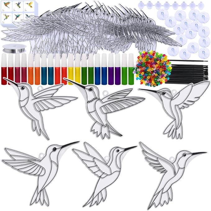 Winlyn 24 Sets Hummingbird Suncatcher Decorations DIY Window Paint Art Craft Kits Rainbow Bird Painting Kit for Kids Classroom Activities Birthday Spring Summer Camping Party Art Project