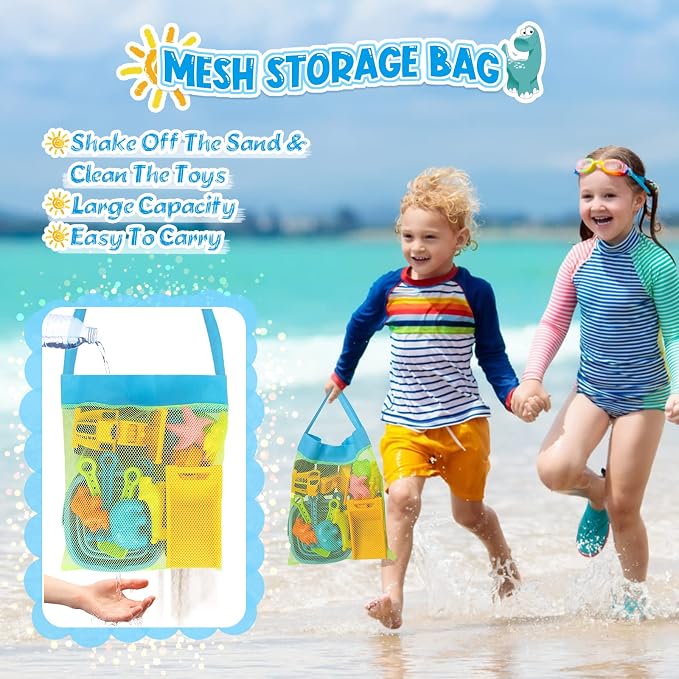 FHOZGECY Beach Sand Toys, 2 Construction Vehicles, 2 Collapsible Buckets, Sand Castle Molds with Travel Mesh Bag, Sandbox Play Set for Kids Ages 3-12, Multi‑Scene Play for Outdoor Summer Beach Games