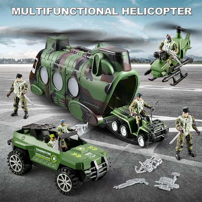 56-in-1 Army Men Toys Sets for Boys 4-7 8-12, Army Helicopter/Truck/Kayak Boat/Motorcycle/Army Men Action Figures/Weapon Gears, Army Toys for Boys Kids Birthday Gifts Party Favors