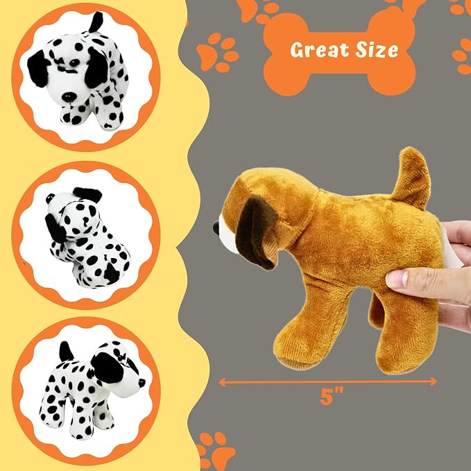 4E's Novelty Plush Dogs Animals (12 Pack) Assorted Stuffed Puppies - 5 Inches, Small Plushed Animals, 6 Designs - for Birthday Party Favors Gifts for Kids