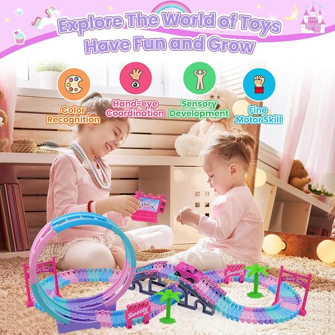 Track Set Magic Toy Car for Kids, 144Pcs Flexible Race Car Tracks with 360 Loop Slope Ramp, Glow in The Dark Car, Construction Tracks Toy Set-Best Birthday Gift for 3 4 5 6 7 8 Years Girls Boys