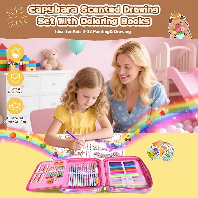 73PCS Capybara Washable Markers Set with Glitter Pencil Case,Art Supplies and Craft for Girls Ages 4-6-8,Kids Coloring Drawing Kit with Marker,Colored Pencil,Crayon,Gel Pen,Birthday Gift Toys for Girl