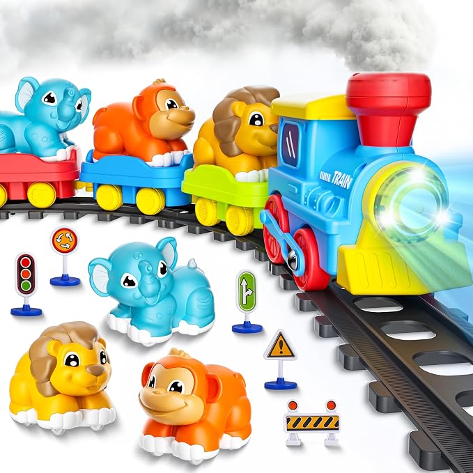 Train Set for Toddlers with Steam, Music, Lights and 3 Animal Cars | Electric train fun meets animal play with music, lights and a playful steam effect.