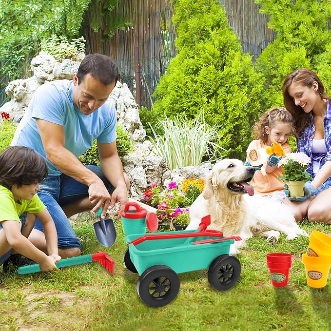 deAO Kids Garden Wagon Wheelbarrow and Gardening Tools Play Set Includes 10 Accessories and 4 Plant Pots,Great Outdoor Toddler Toys Kids Gardening Set