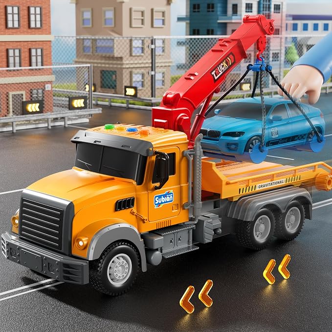 JUKUDAHU Tow Trucks for Toddlers 2-4 Years Old - Flatbed Truck Toy for Kids Aged 3-5 4-8,Friction Powered Transport Crane Toy with Light and Sound, Racing Car, Birthday Gifts for Boys Girls