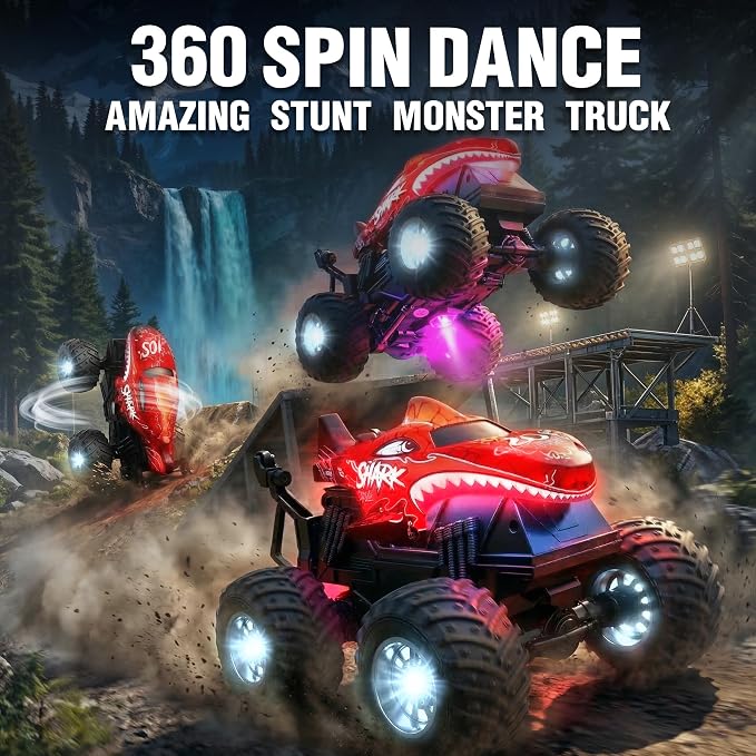 BEZGAR 1:20 Shark Monster Truck Toys, 360°Stunt RC Cars Rotation Monster Trucks with Music, 2 Batteries and Wireless LED Strobe Lights, Remote Control Car for Boys 4 5 6 7 8 9 Years Old(Red)