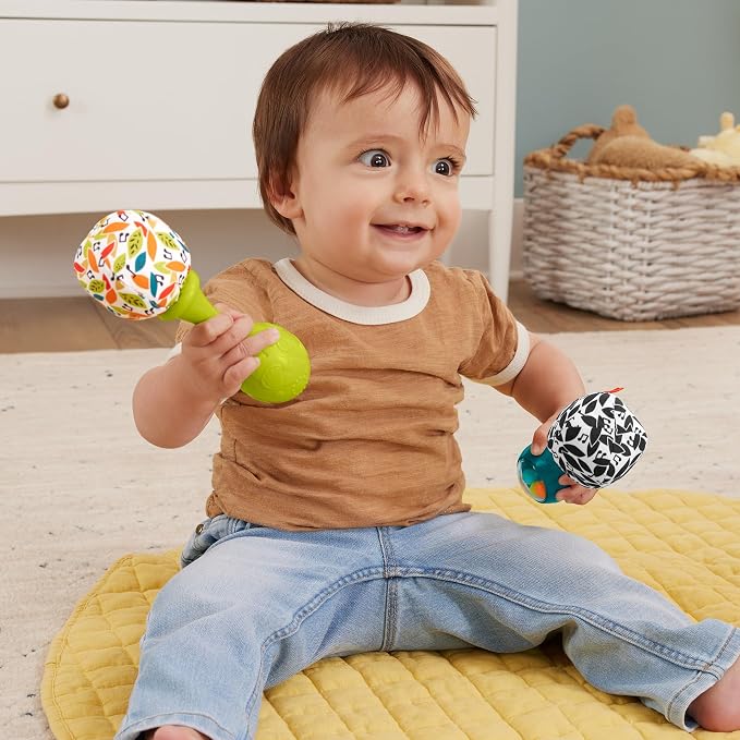 Fisher-Price Newborn Toys Rattle ‘n Rock Maracas, 2 Soft Musical Instruments for Developmental Play Babies Ages 3+ Months, Neutral Colors (Pack of 6)